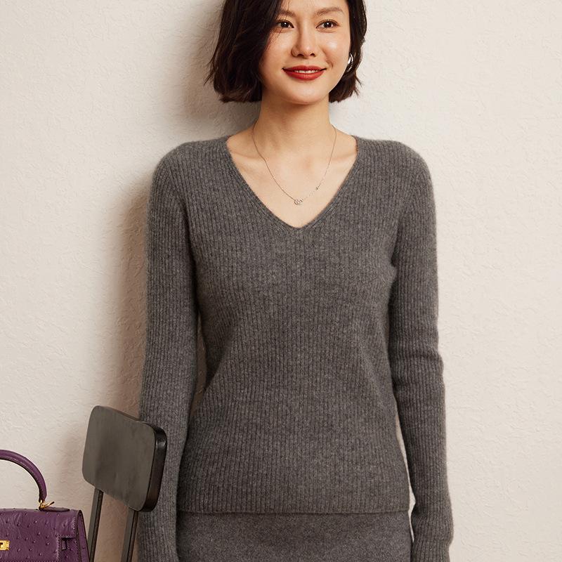 2026 Women's Cashmere V-Neck Slim Fit Sweater - Autumn/Winter, Soft Vertical Stripe Knit, Long Sleeve