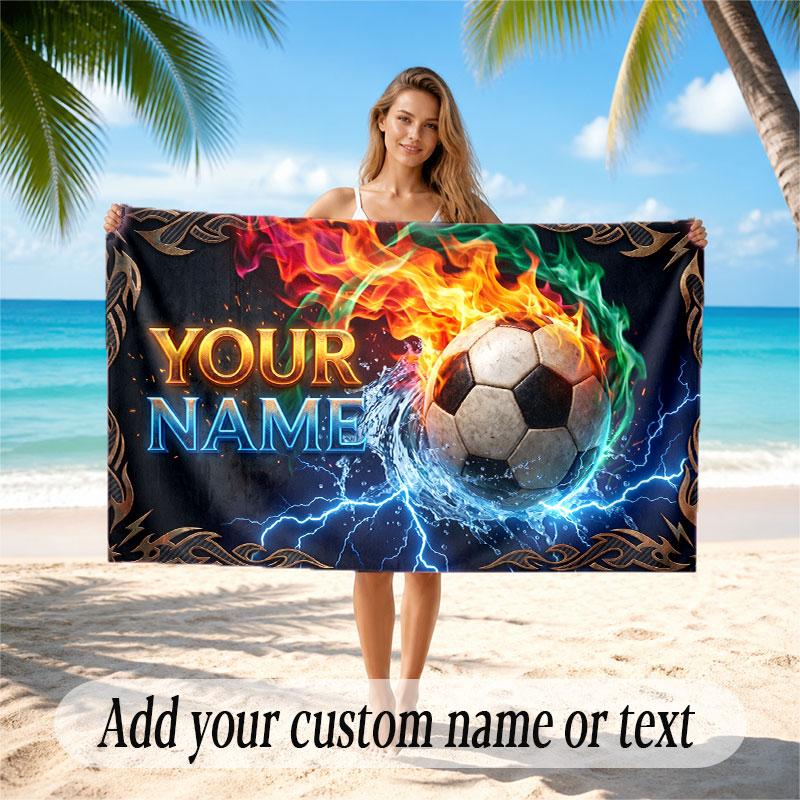 Soccer Theme Beach Towel Personalized Custom Name & Text Soft Quick Dry Beach Towel for Swimming Travel