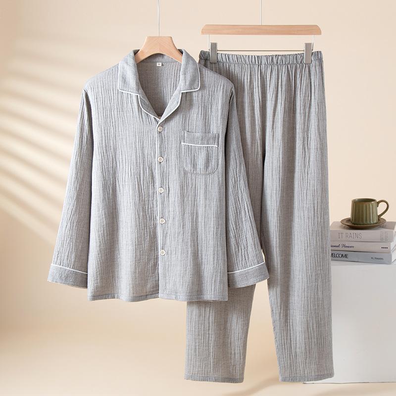 Men's Cotton Pajama Set Nightwear Long Sleeve Tops Pants Pajama Sets Soft 2 Piece Button Down Lounge Set for Men Lapel Comfortable Sleepwear