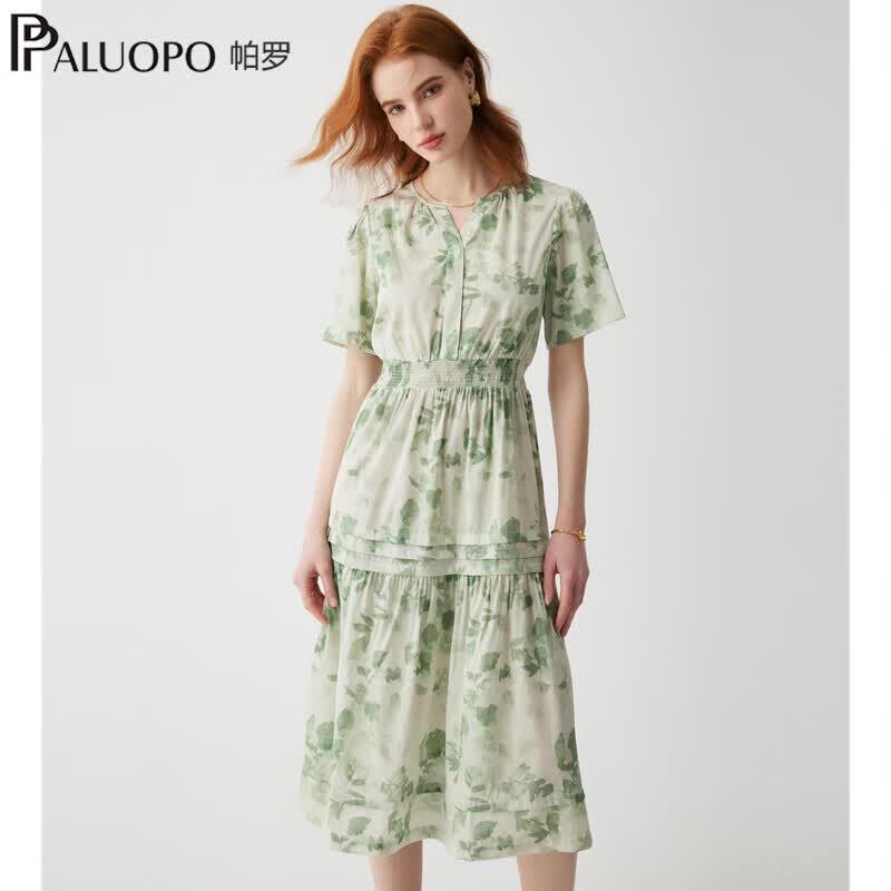 PALUOPO Elegant Floral V-Neck Silk A-Line Dress
