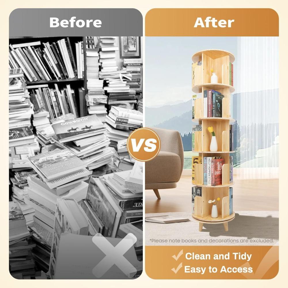 Rotating Bookshelf 360 Degree Display Floor Standing Bookcase Storage Rack Book Display Stand W/ 5 Tiers, Wood Book Shelf