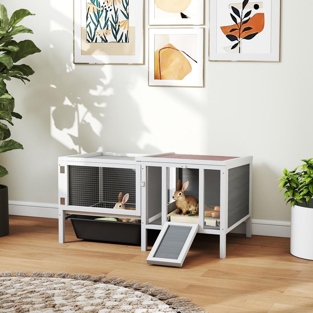 Wooden Rabbit Hutch with Run, Ramp, 3 Entrances, Pull-out Tray, 105 X 57.5 X 51.5 Cm, Grey