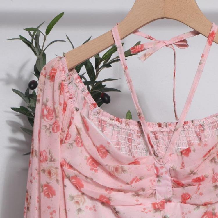 French Elegant Bohemian Floral Blouse Women Sweet Spring Casual Vacation Ruched Elastic Slim Tops Print Shirts