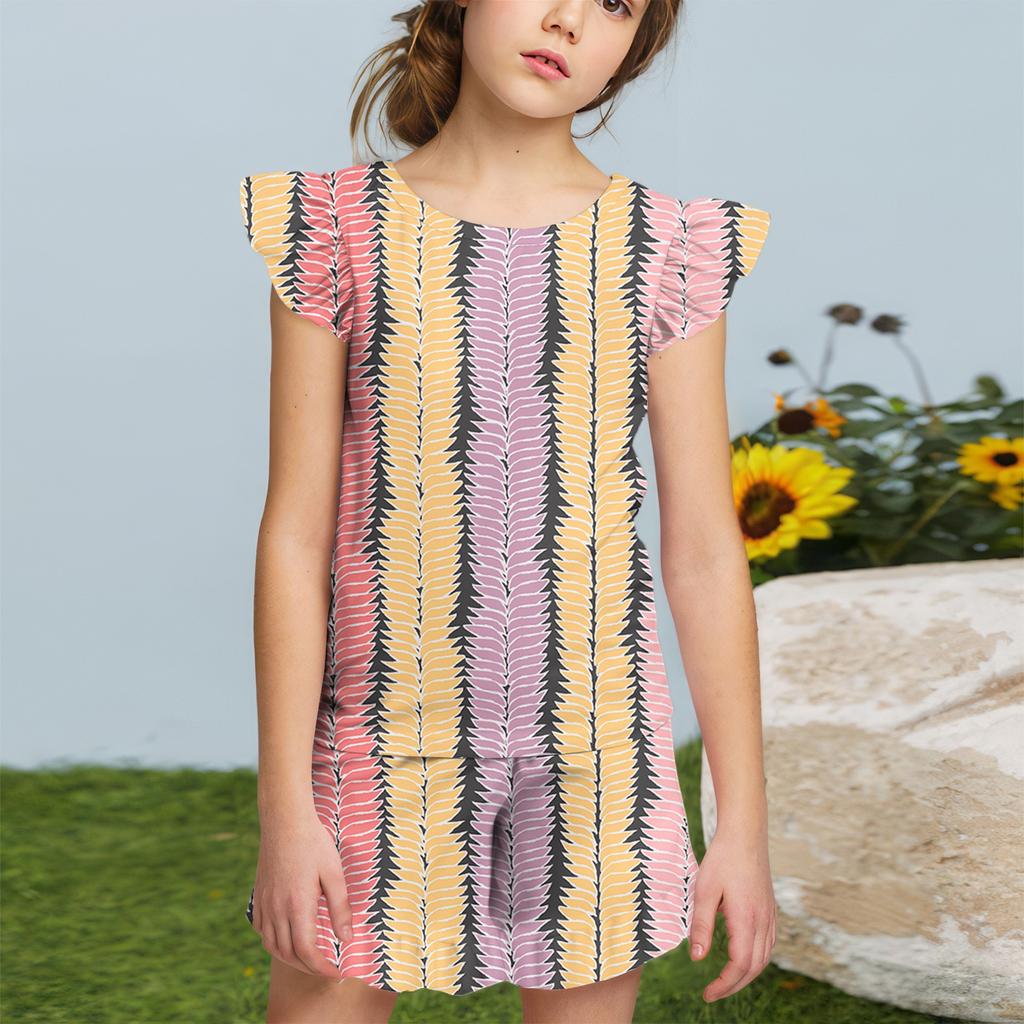 Summer Girls Cute Suit Flying Sleeves T-shirt Top + Ruffled Shorts Daily Outdoor Wear Cute Casual Fashion 2-Piece Set