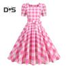Damen Vintage-Kleid mit Karomuster, quadratischem Kragen, kurzärmelig, Midikleid mit hoher Taille und Schleifendekor, A-Linie, Swing-Kleid