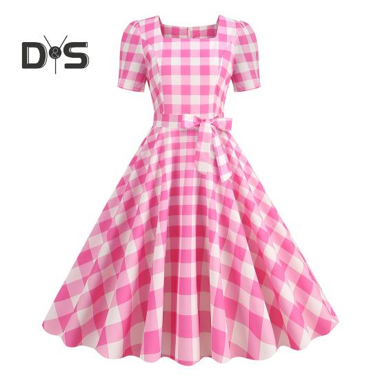 Damen Vintage-Kleid mit Karomuster, quadratischem Kragen, kurzärmelig, Midikleid mit hoher Taille und Schleifendekor, A-Linie, Swing-Kleid