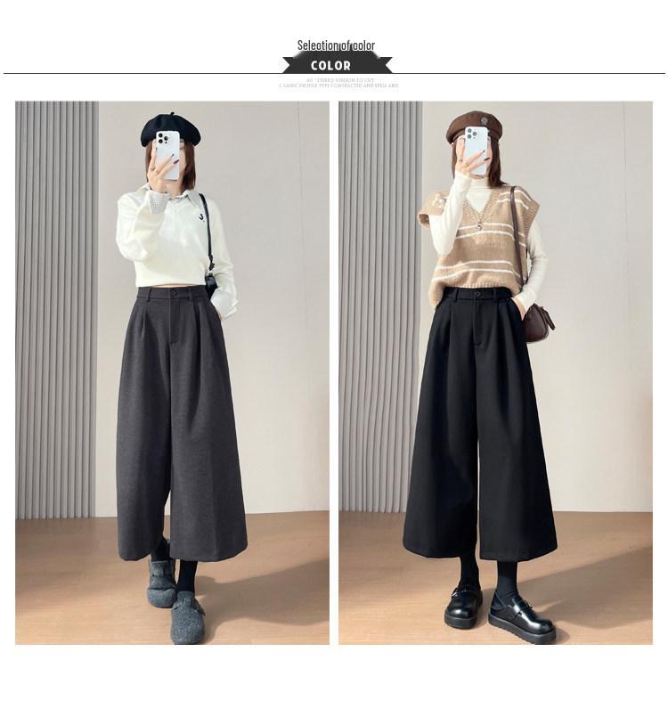 Women's Gray Wool High-Waist Wide-Leg Cropped Pants - Loose Fit, Slimming, Pear Shape, Casual Wear for Spring and Autumn