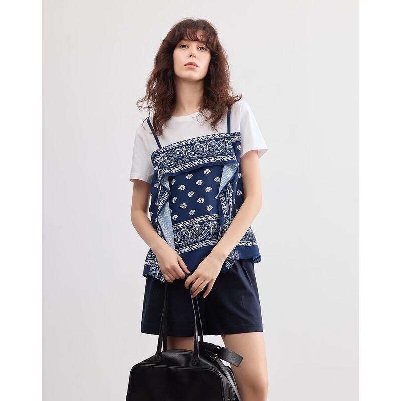 Demana Women s Soft Cotton Spandex Retro Print Patchwork T-Shirt L