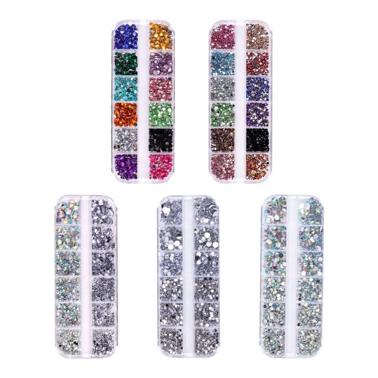 1 Set Round Nail Art Rhinestone Kit with Storage Box 12 Grids Flatback Rhinestone DIY Nail Design Crafting Decoration Fake Gems