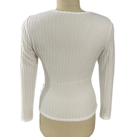 Women Knitwear Autumn Solid Color Tops Deep V-neck Sweater Long Sleeve Blouse Elegant Slim Fit Buttons Decor Ribbed Pullover Tops