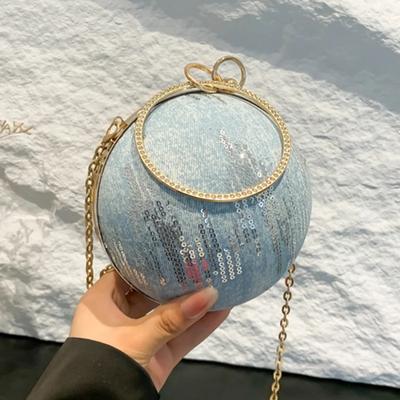 Luxusní designová křišťálová kabelka pro ženy s horním uchem, kulatá krabička, řetízkové kabelky, modrý křišťál, crossbody, večerní psaníčka