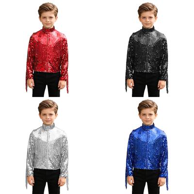 Giacca da Ragazzo con Frange di Paillettes Manica Lunga Collo Alto Zip Frontale Cappotto con Frange Scintillanti per Palco Danza Jazz Festa a Tema Cowboy