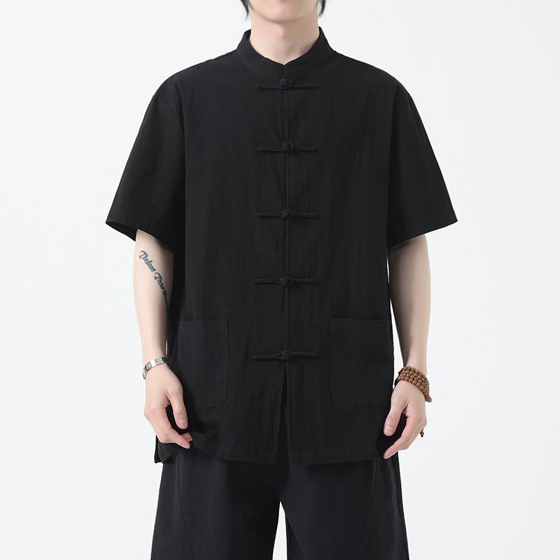 Herren Chinesischer Stil Vintage Locker Große Größe Kurzarm Lässig Baumwolle Leinen Hemd