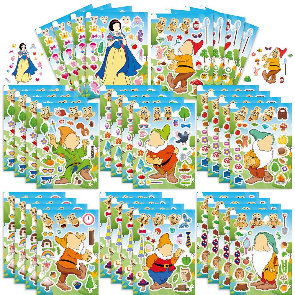 8/16Sheets Cute Princess Snow White Make A Face Puzzle Stickers Seven Dwarfs Make Your Own Jigsaw Education Toys