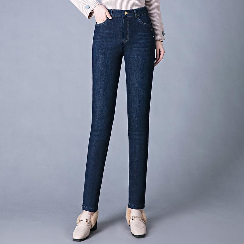 

Женские джинсы с высокой посадкой, не выцветающие, облегающие, на эластичном флисе, Осень/Зима 2024 28 синий