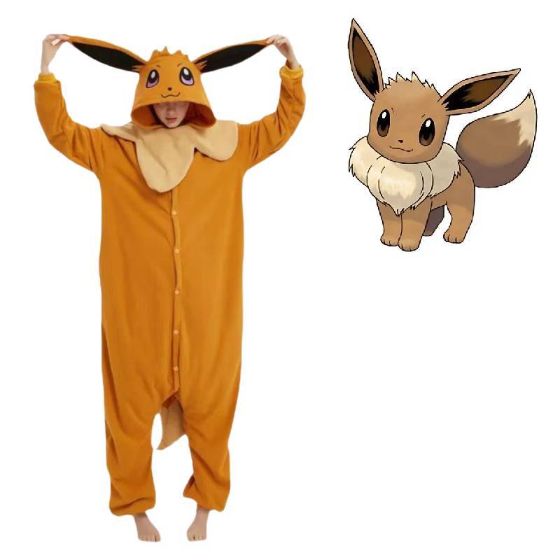 Fleece Cartoon Eevee Sleep Suit With Long Sleeves Home Halloween Costume