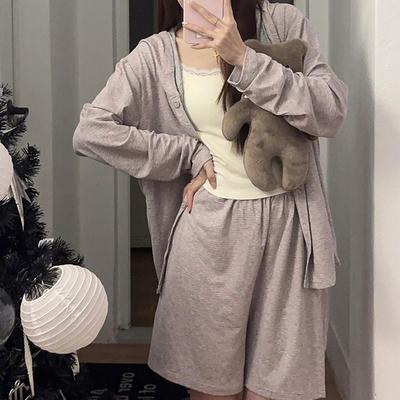 Ensemble de pyjama trois pièces rayé pour femme style coréen: Veste, Pantalon Long & Short, Vêtement d'intérieur Doux ou Tenue Décontractée