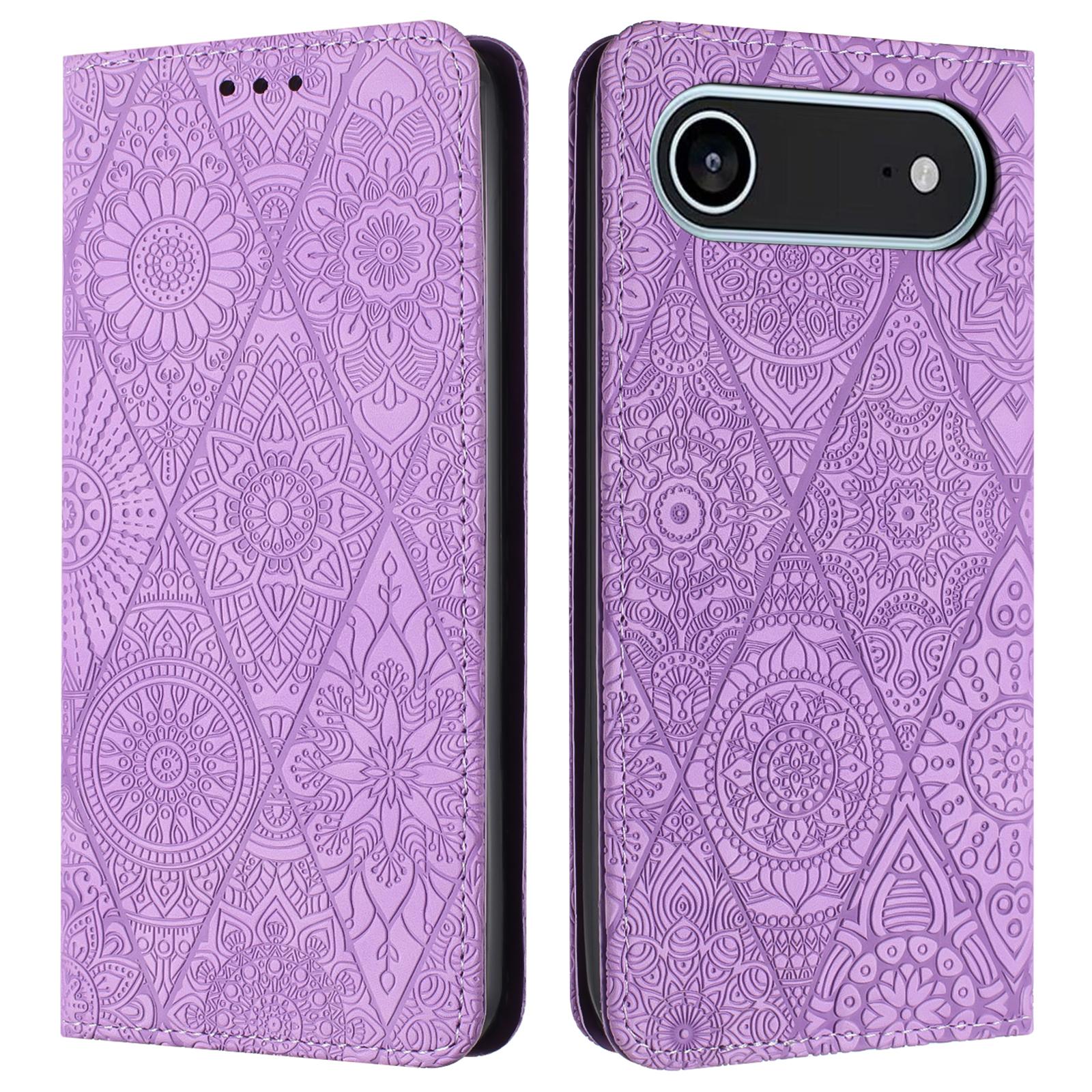 

For iPhone 17 Air Case Imprinted Flower Wallet Stand Leather Phone Cover Purple