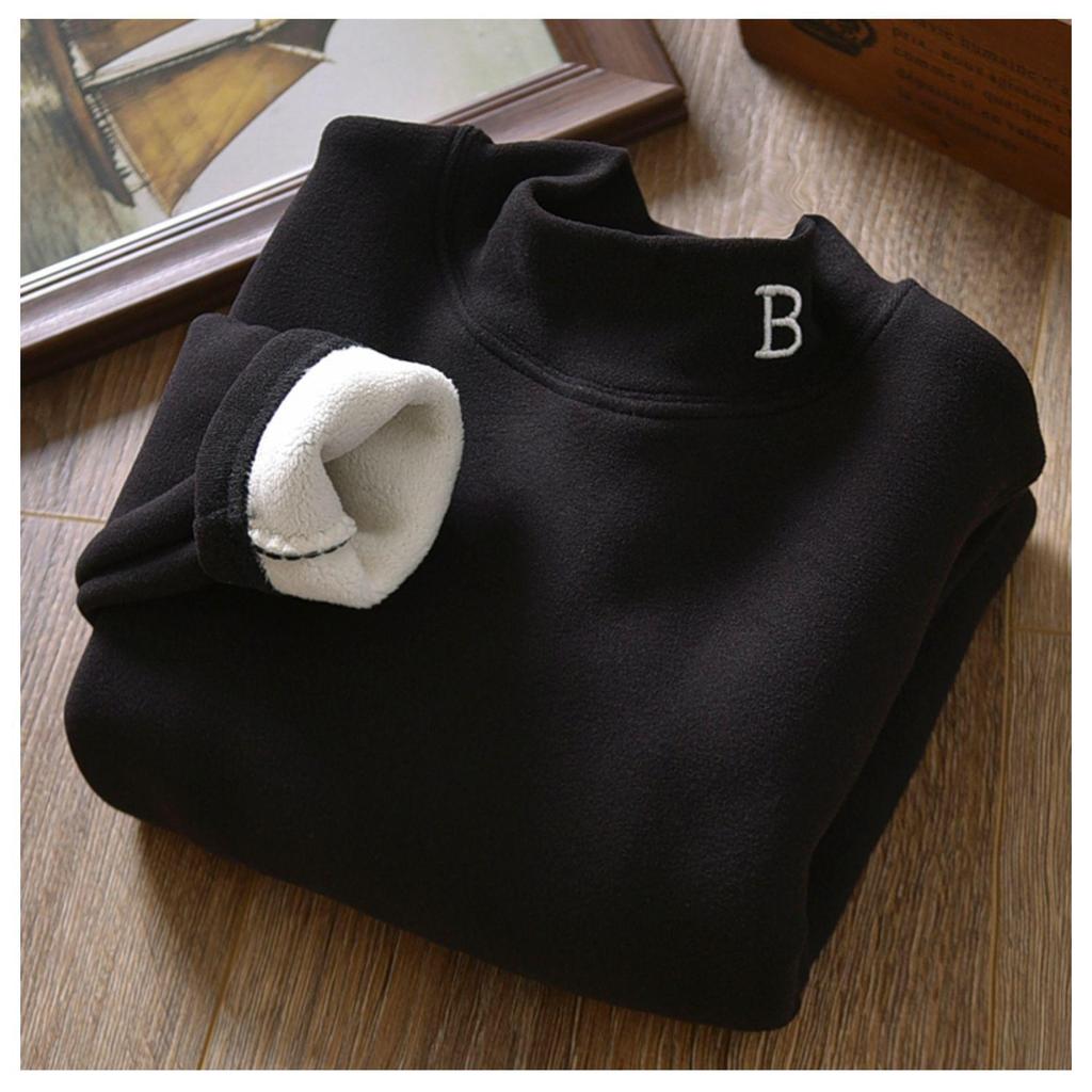 Boys' Half-Turtleneck Warm Autumn Winter Shirt with Velvet  Thickened Medium and Large Children's Clothing for Boys