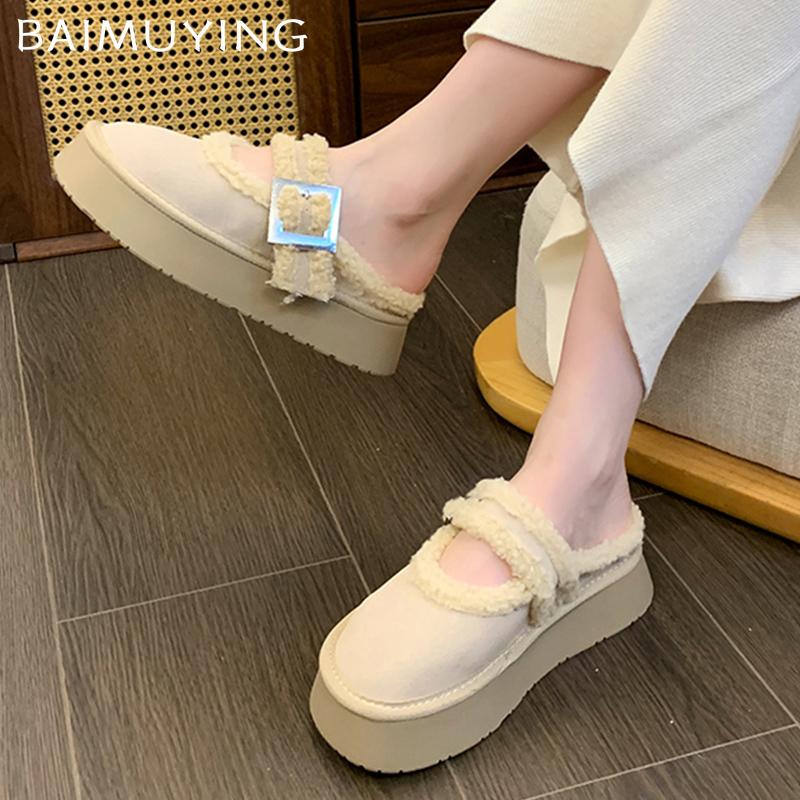 Fur Flats Women Slippers Short Plush Platform Cotton Shoes Shallow Buckle Casual Shoes 2024 Trend Designer Buckle Zapatos Femme
