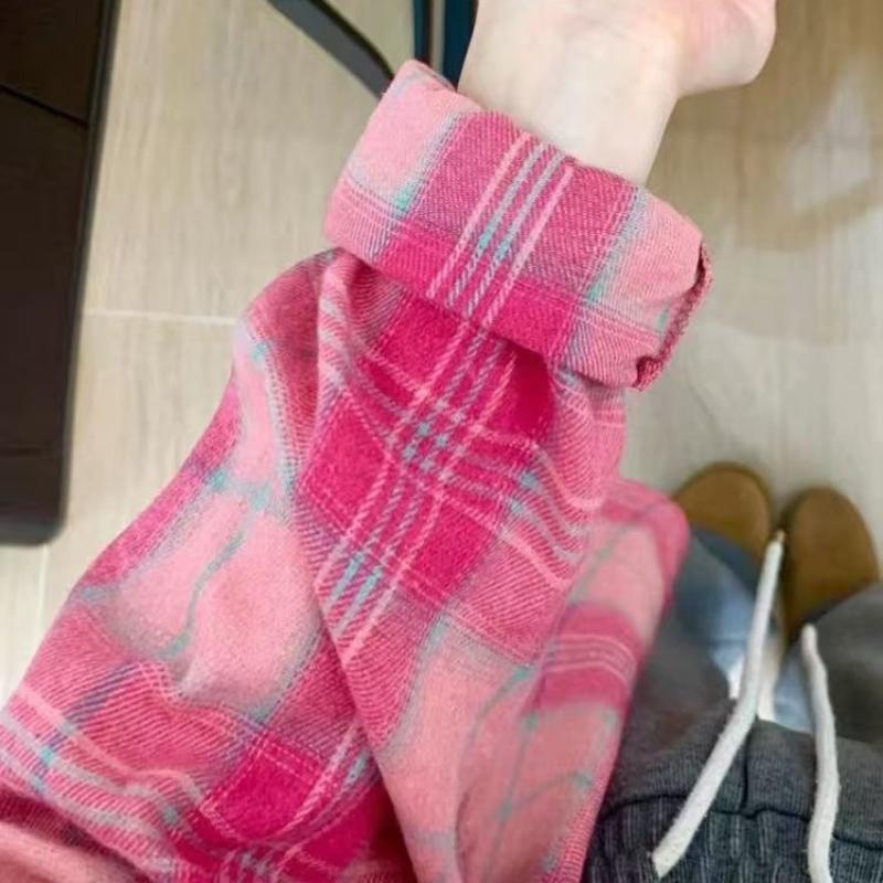 Fashion Pink Plaid Casual Loose Shirts Women Spring Summer New Tops Long Sleeve Women's Blouses Elegant Single Breasted Slim Simple Office Shirt 26116