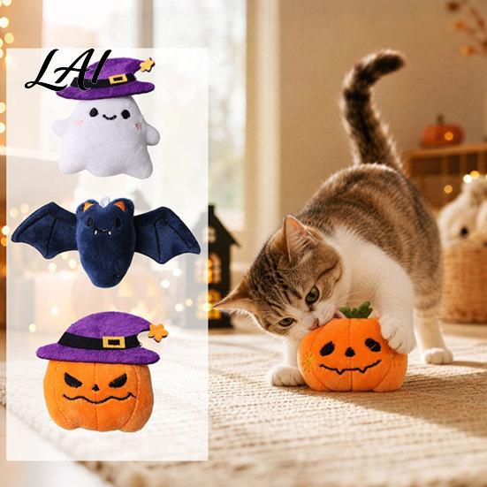 Plush Cat Toy Halloween Theme Toy Soft Ghost Bat Pumpkin Cute Stuffed Chew for Indoor Cats Boredom Relief Holiday Pet Photography Props