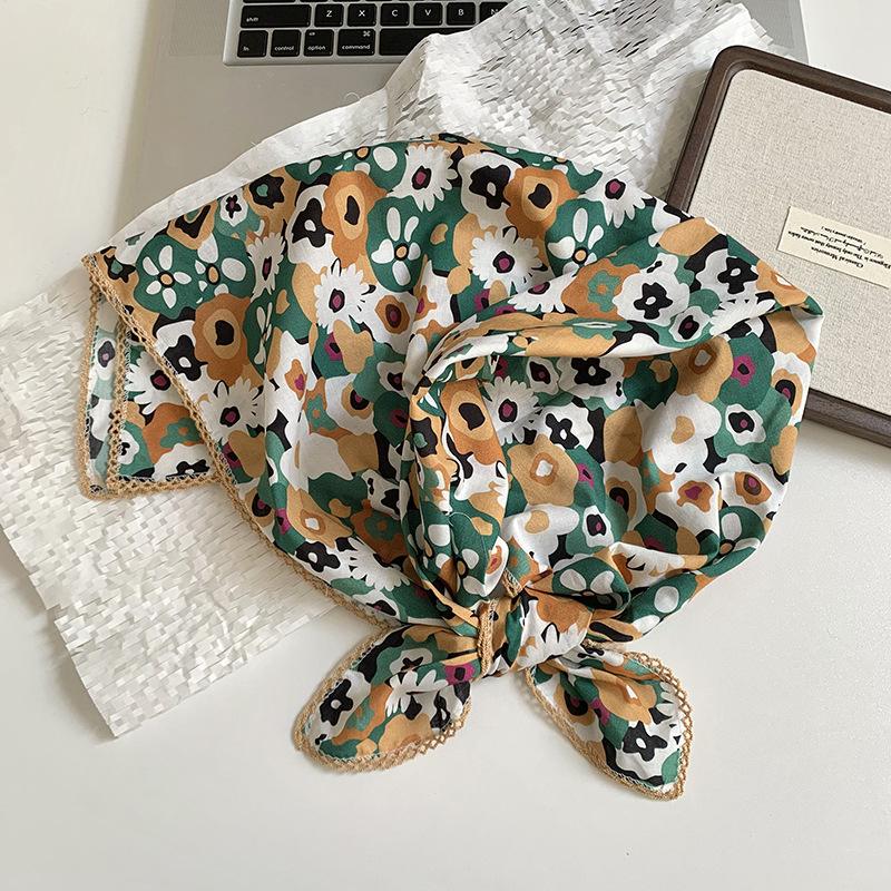 Silk Scarf Square Scarf High Sense Spring and Summer Versatile Floral Scarf Small Fresh Decorative Headscarf Summer Women's Pastoral Silk Scarf