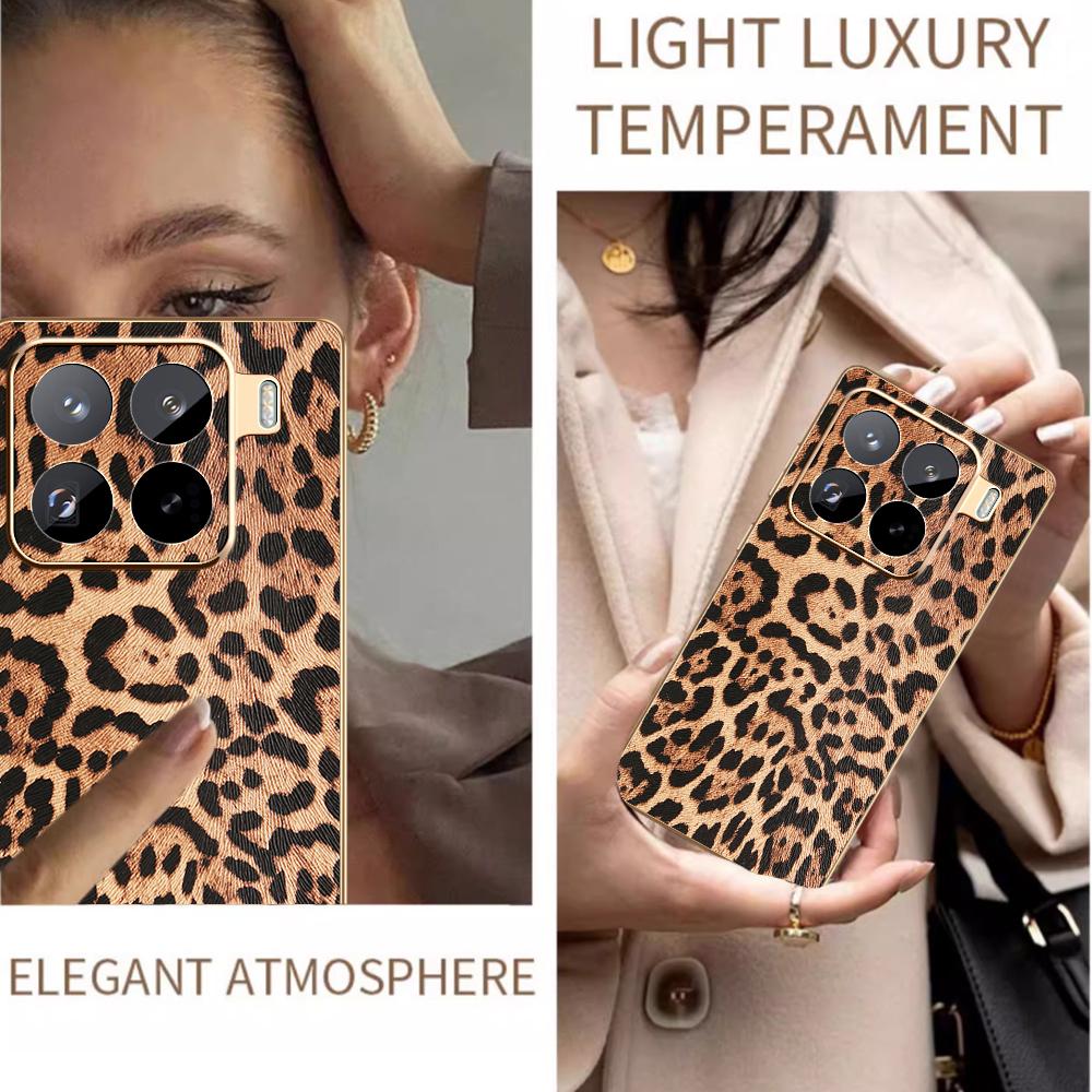 For Xiaomi 15 Pro Case Leopard Print PU Leather Coated PC+TPU Electroplating Phone Cover