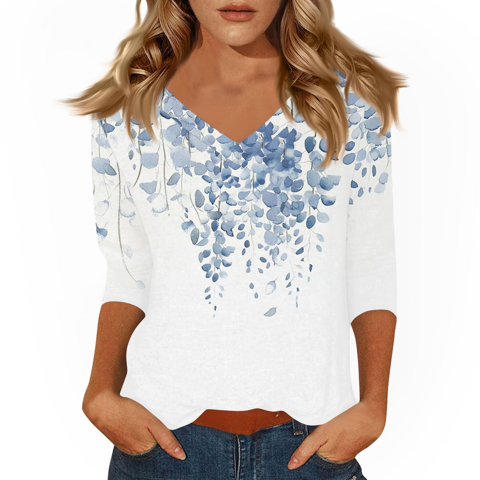 Women s Casual 3/4 Sleeve T-Shirts V-Neck Tops M