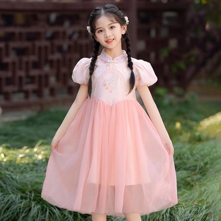 Summer Girls' New Chinese Style Dress, Medium Size Children's Mesh Qipao Skirt, Bubble Sleeves Princess Skirt, Girls' Fashion