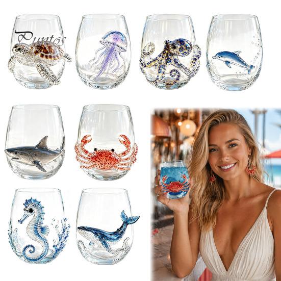 Handgefertigtes Künstlerisches Glasware Oktopus Glasbecher, 350ml Stielloses Weinglas, Wal Delfin Schildkröte Lebendiges Tentakel Design Becher Meeresbewohner Trinken