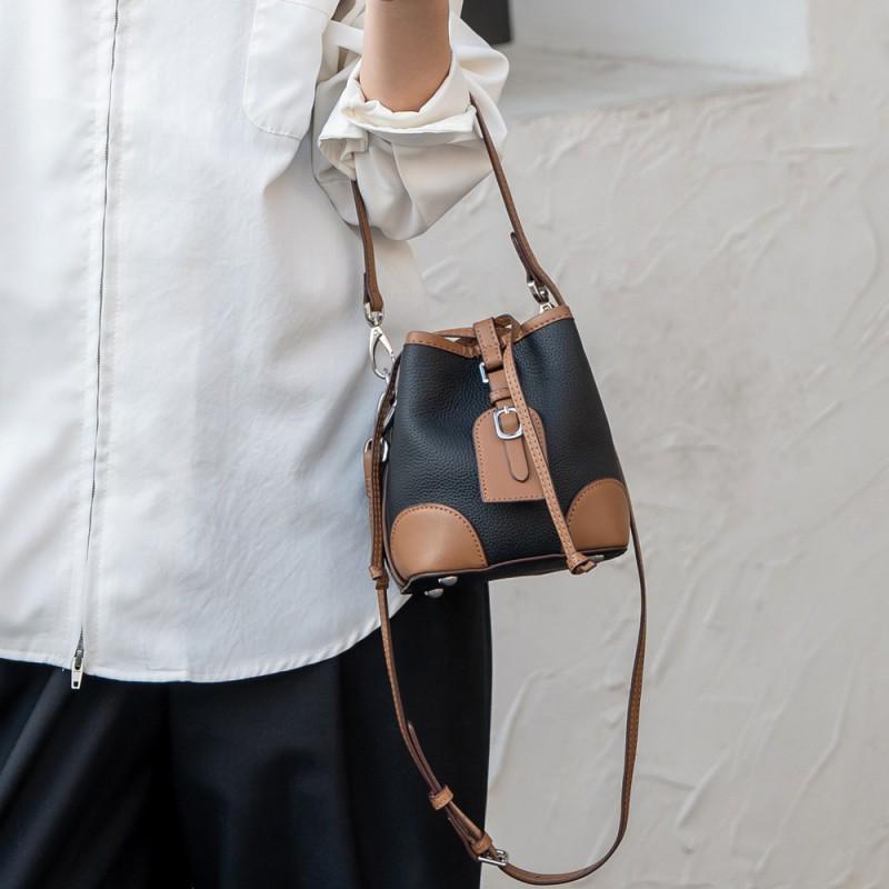 Fashionable Ins Drawstring Bucket Bag TOGO Top-layer Cowhide Contrasting Cross-shoulder Shoulder Genuine Leather Women's Single