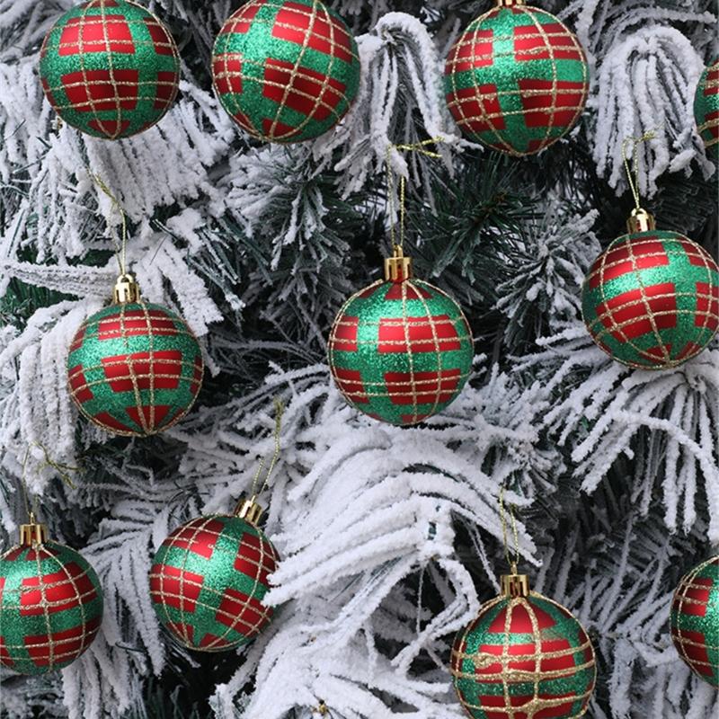 2 Boxes Christmas Tree Decorations Tartan Pattern Plastic Hanging Ball Festival Home Holiday Party Decorative Accent