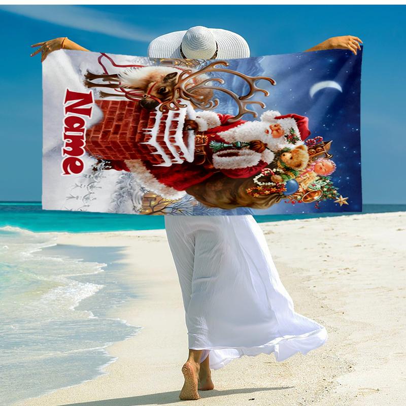 Custom Name Ultra-Soft Beach Towel with Christmas Santa Claus Theme,Ideal for Pool - Camping, Diving - Perfect Travel Essential, Vibrant Beach Towel.