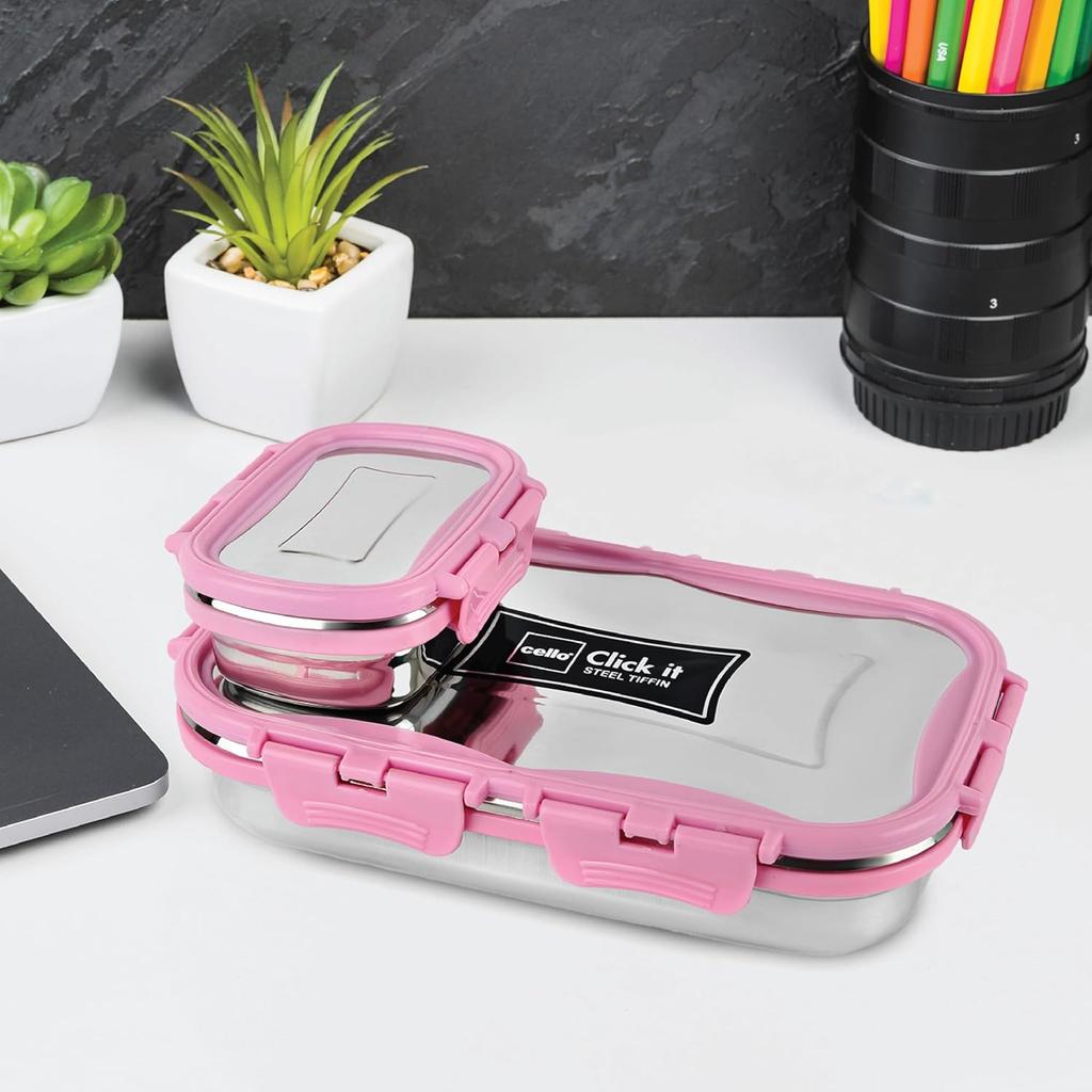 Insulated Stainless Steel Lunch Box For Work Or School With Veg Snack Box And Leak-Proof Lock In Elegant Pink Design
