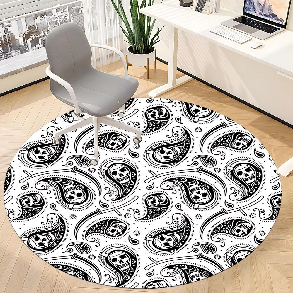 1pc Skull Paisley Office Round Area Rug, Indoor Mat Suitable ForOffice, Under Office Chairs Bedroom Living Room Home Decor, Room Deco 013