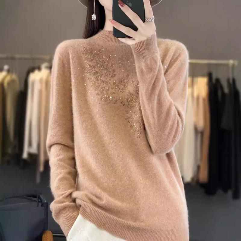Høst Vinter Ny Stil Rhinestone-dekorert Halvhøy Hals Topp Løs Genser Andi Fløyel Strikkegenser Dame Yttertøy Topp