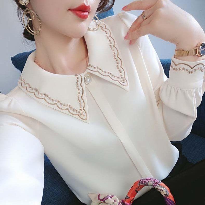 Women's Chiffon Shirt Long Sleeved Spring and Autumn Outfit Embroidered Collar Versatile Top