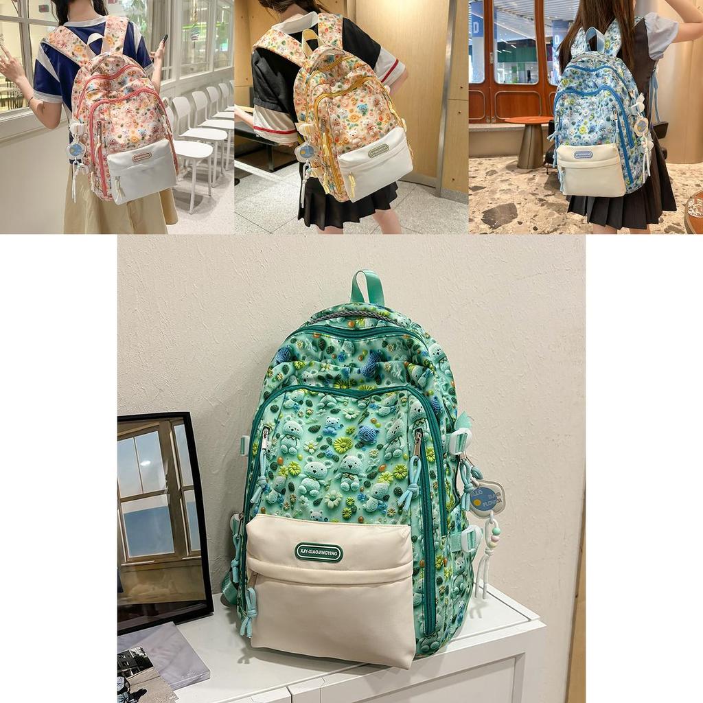 Girls Backpack For Middle School Versatile Nylon Big Capacity With Bear And Flower Print Design For School Use