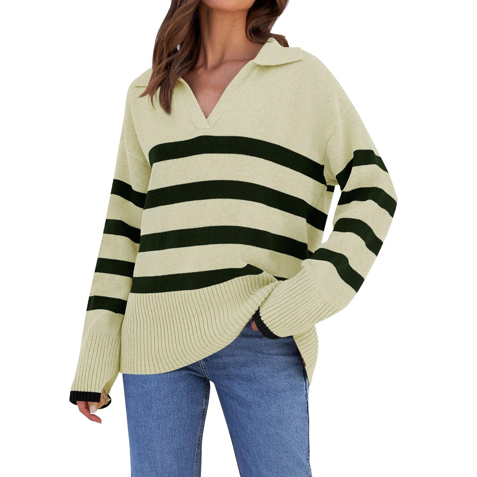 Женский повседневный модный удобный темпераментный свободный свитер в полоску с цветным лацканом L бежевый 2749₽