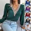 Women S Long Sleeve V Neck Lace Chiffon Blouse Elegant Commute