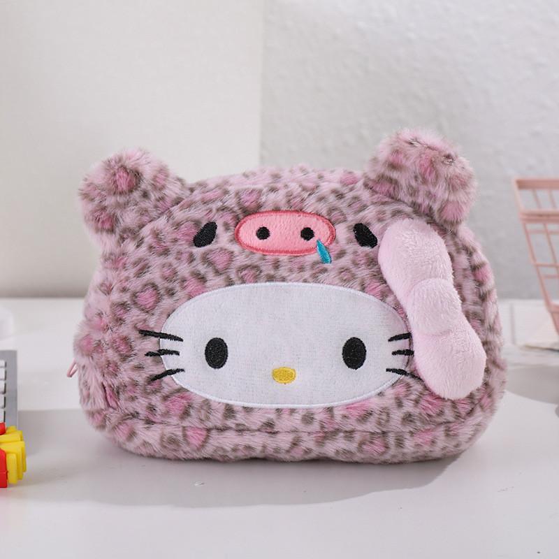 Plush Leopard Print Hellokitty Pencil Case With Large Capacity For Students And Kids