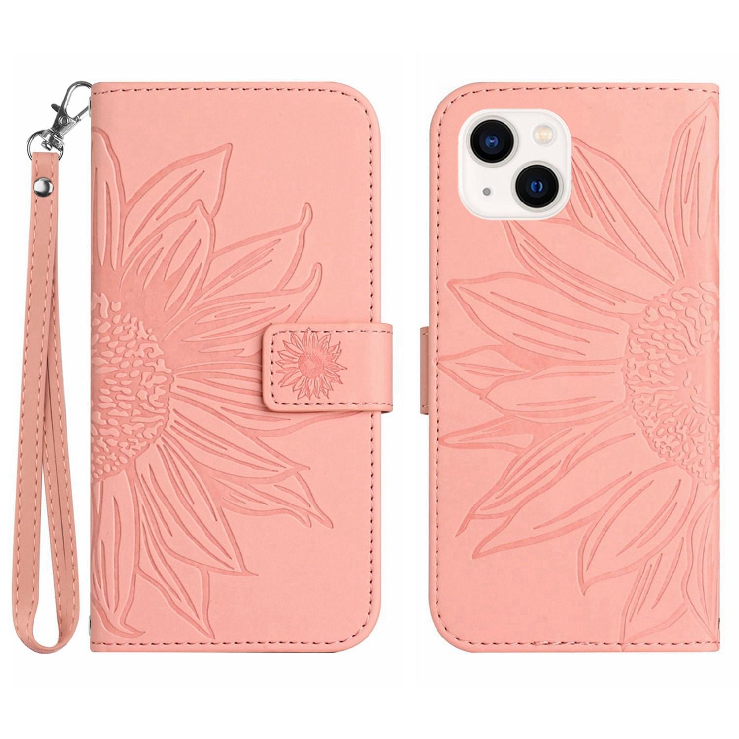 

HT04 For iPhone 15 Skin-touch Phone Case Sunflower Pattern Stand Leather Wallet Cover with Hand Strap Light Pink
