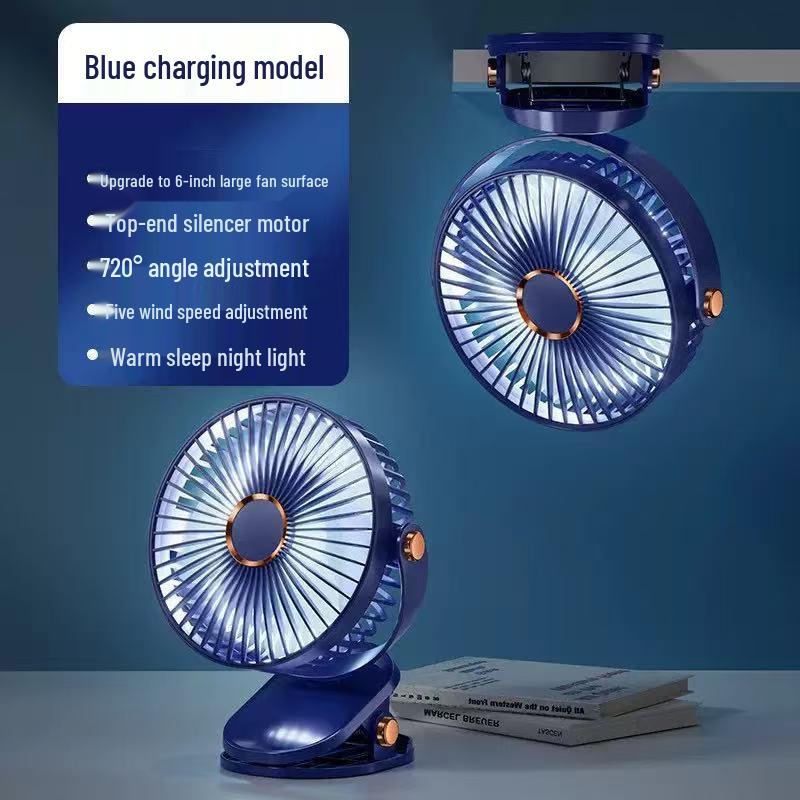 6-inch USB Rechargeable Clip-On Fan with Light for Office, Dorm, Desktop, or Stroller 1200mAh [Single Battery]