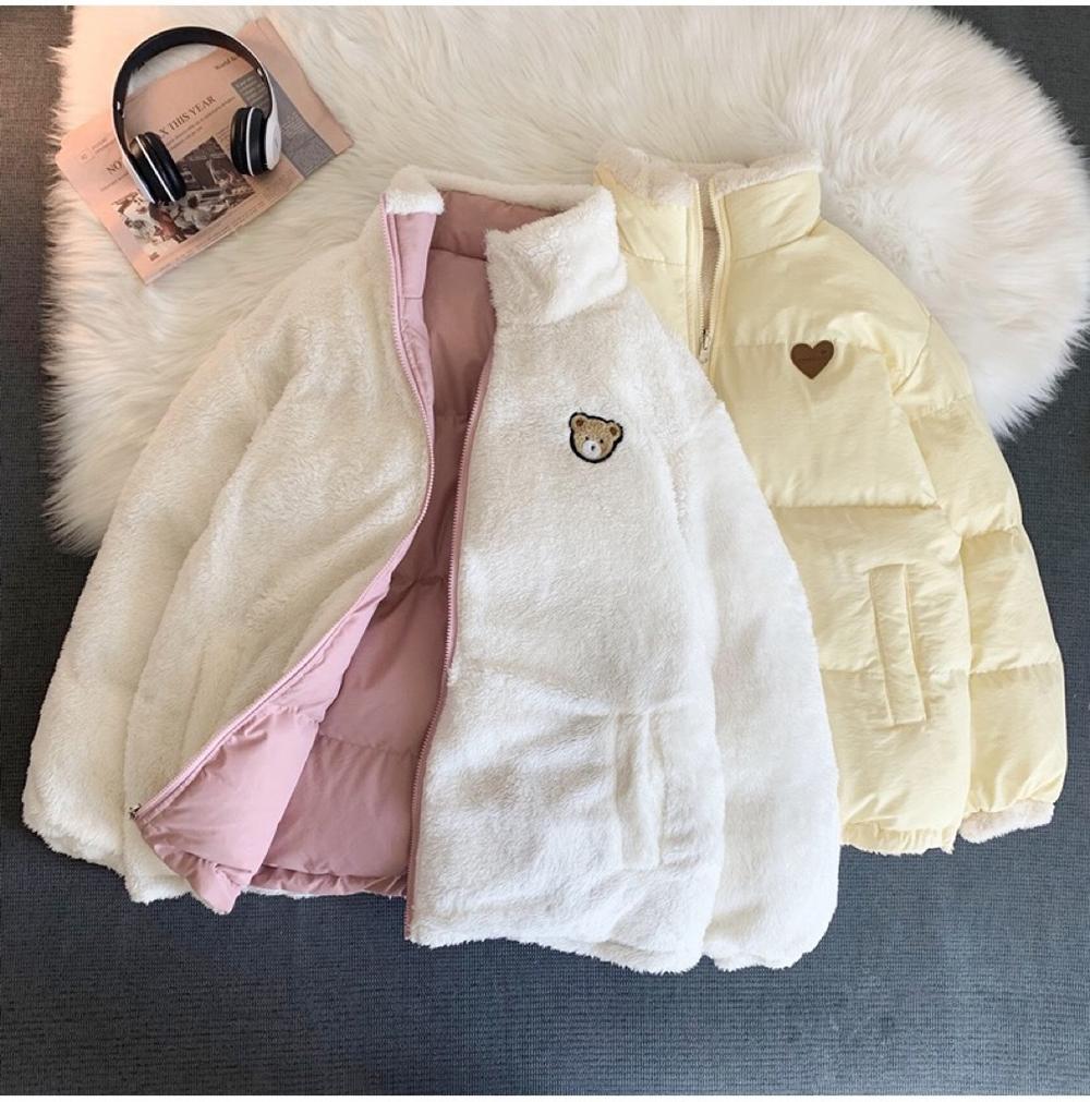 Zimowy haftowany płaszcz parkowy Casual śliczny koreański styl dwustronny projekt gruba luźna ciepła kurtka damska zapinana na zamek