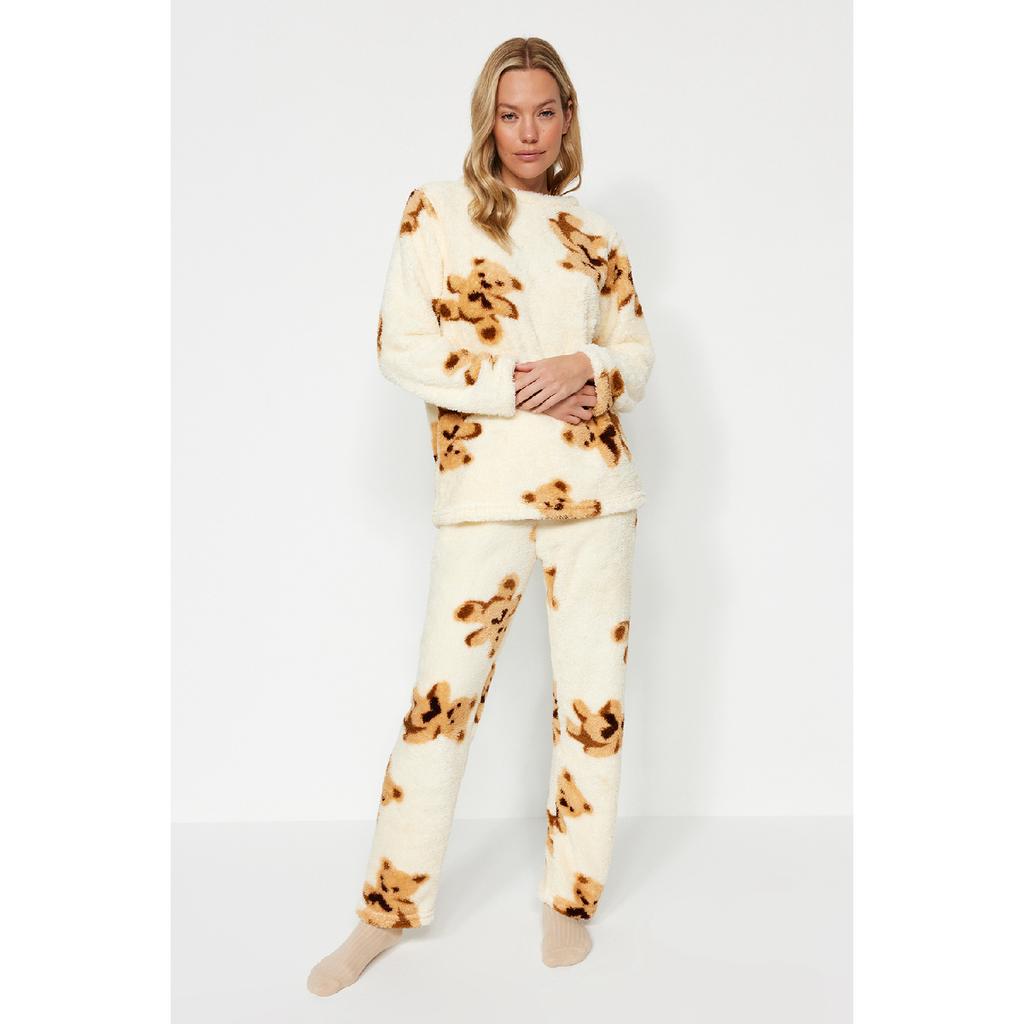 Set de pijama tricotat cu pantaloni-tricou Wellsoft, ecru, multicolor, ursuleț de pluș Thmaw24pt00191