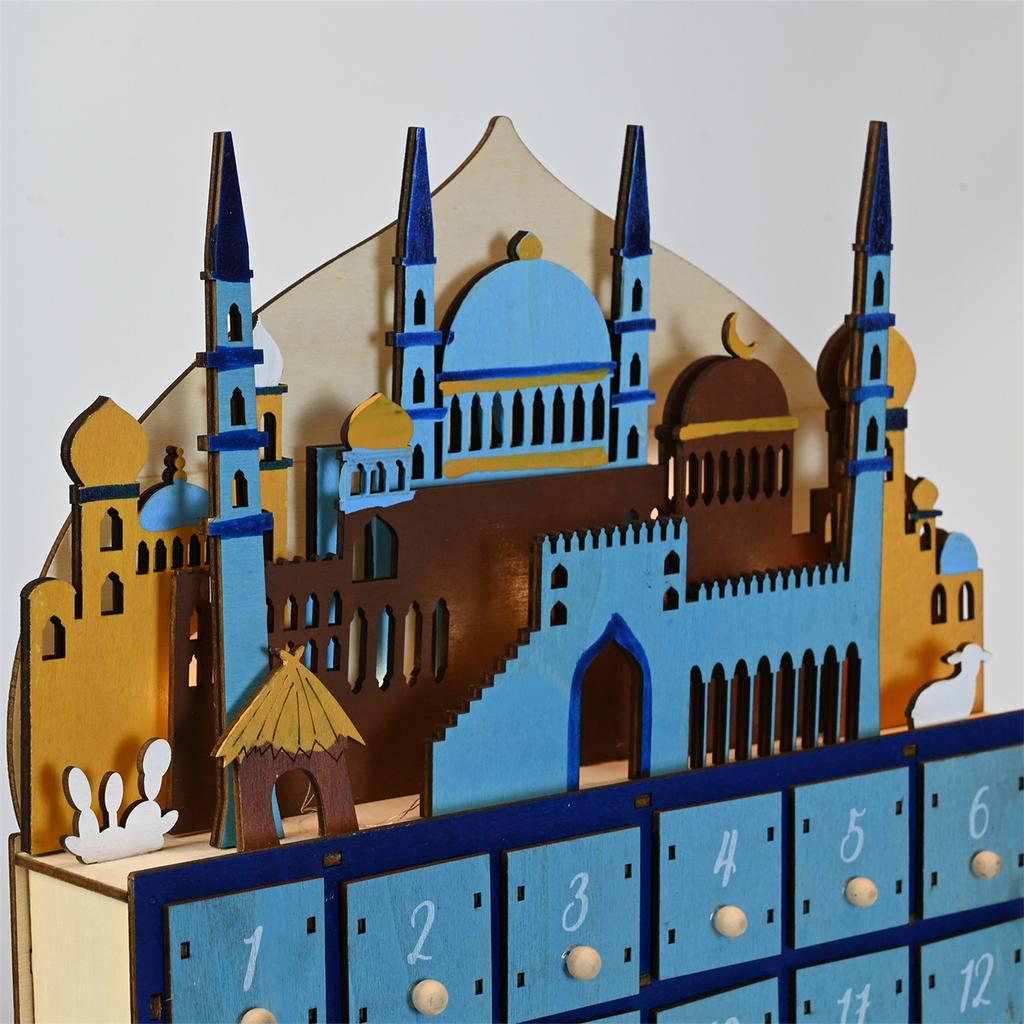 Calendar de numărătoare inversă Eid Ramadan din lemn cu lumină LED și 30 de sertare pentru decorațiuni de masă de petrecere pentru festivaluri musulmane