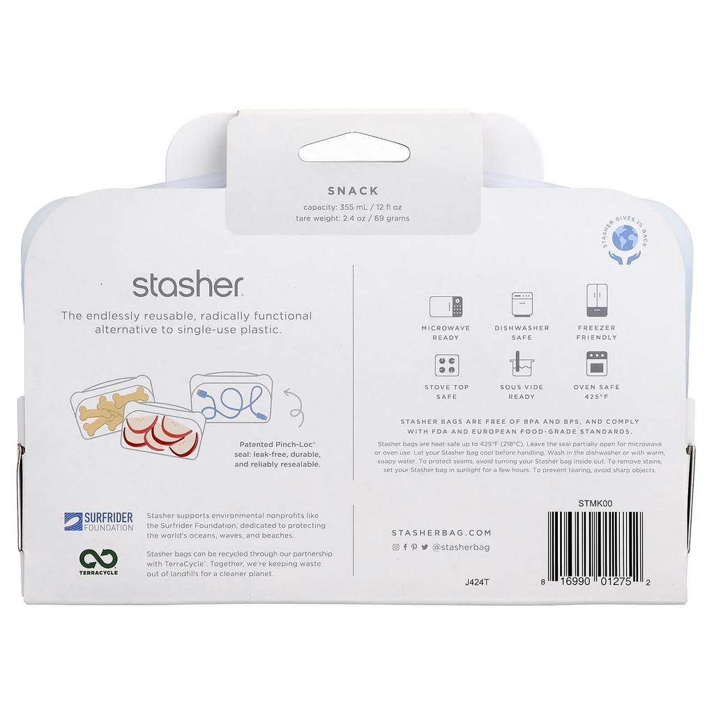 Reusable Silicone Food Bag, Snack Size, Clear, 293.5 Ml (9.9 Fl Oz)