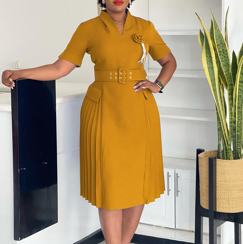 Women's new fashion temperament V-neck solid color large size pleated high waist dress