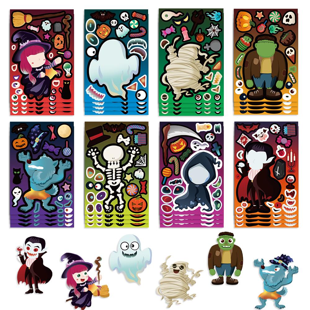81624Pcs Halloween Stickers Crafts For Kids Make A Face Witch Pumpkin Ghost Assembly Puzzle Sticker Party Favor Diy Toys